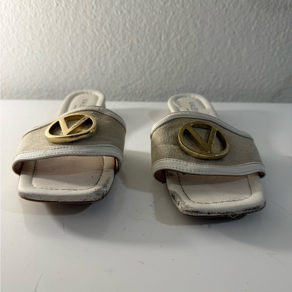 Valentino Black and Cream Slide Sandals with Gold Accent - Picture 2 of 4